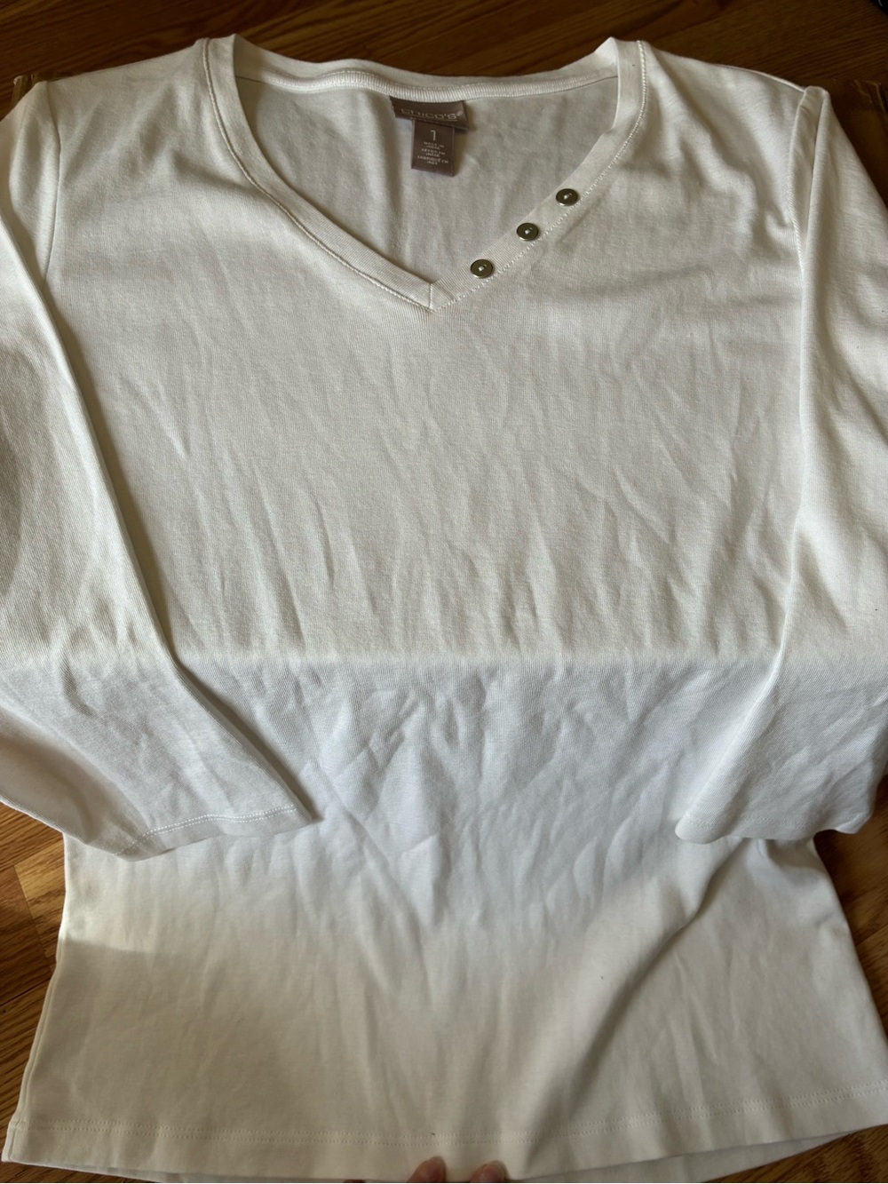 Chico's White V-Neck Long Sleeve Top with Button Detail